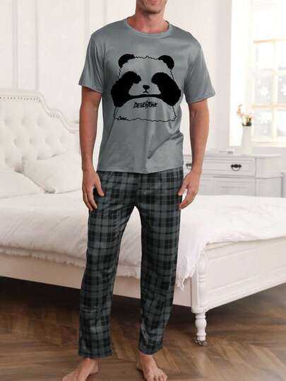 男士休闲轻薄睡衣套装，卡通印花短袖上衣搭配格子印花长裤，舒适保暖，适合春夏居家穿着。
