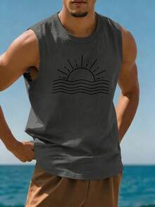1pc Men's Summer Sun Print Casual Round Neck Tank Top - Dark Grey - View 2