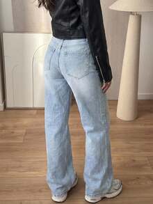 (Algodón Disponible) Vaqueros Rectos Sueltos de Estilo Vintage para Mujer, Pierna Recta, Casual Otoño - Lavado ligero - Ver 4