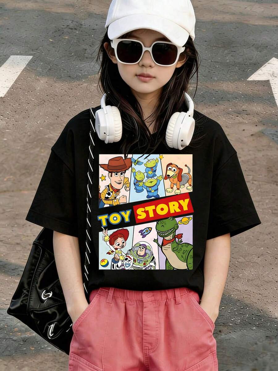 Disney Toy Story Woody, Buzz Lightyear, Trish, Cool And Lively Print Pattern Summer Tops,Short-Sleeved Casual And Cute Style Children's Clothing Design, Girl Clothes For Kids ,Ropa Para Niños,Girl Clothes For Kids,Graphic Tee, Summer Clothes,Perfect For Cool Girls. Comfortable And Breathable Children's Short-Sleeved T-Shirt. Comfortable And Casual Wear All Year Round 180g Pure Cotton Children's Clothes,Comfortable & Lightweight, Iconic Print For Mix-And-Match Outfits,Suitable For Both Boys And Girls. - Black - View 1