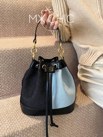 女士水桶包，时尚休闲草编单肩斜挎包，抽绳小手提包