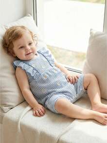 Infant Baby Girls Rompers Daisy Embroidery Stripe Crew Neck Ruffles Fly Sleeve Waffle Infant Bodysuits Jumpsuits - Azul - Ver 1