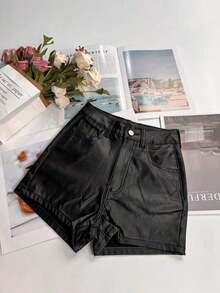 Women's Solid Color Metallic PU Leather Pocket Sexy Shorts Black Summer - 黑色 - 查看 6