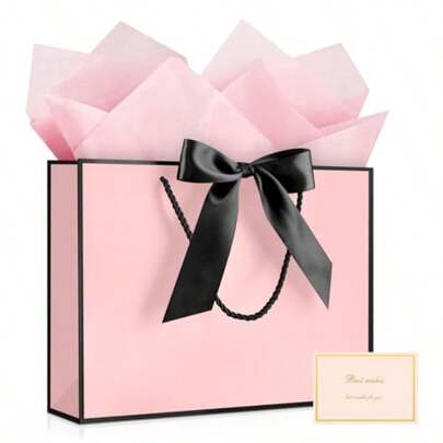 Pink Valentines Gift Bag With Ribbon And Greeting Card 2 Tissue Papers Valentines Bags Medium Birthday Gift Bags With Handles Present Bags For Valentines Day Wedding Party Pink-Black