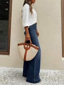 Nuevos pantalones vaqueros de pierna ancha de ajuste holgado y de alta calidad para mujer, cómodos para uso diario, para todas las estaciones, primavera - Negro - Ver 11