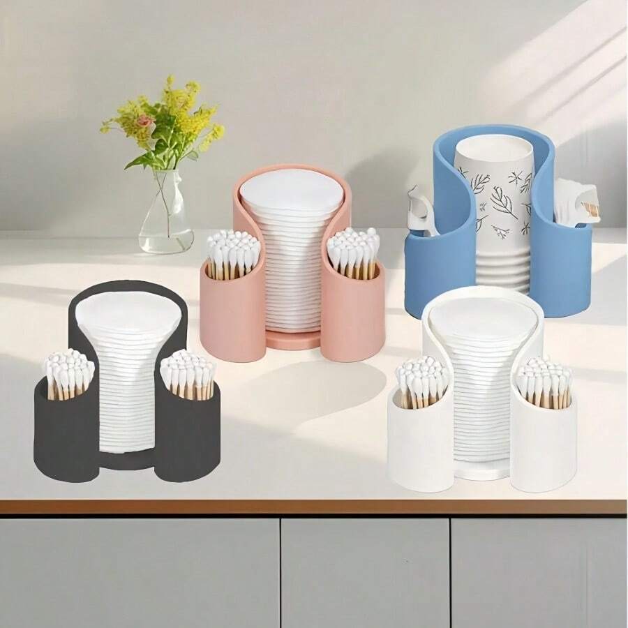 1 hộp đựng mỹ phẩm để bàn, có thể đựng tăm bông, tăm xỉa răng, chỉ nha khoa và cốc giấy.