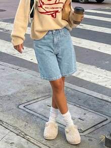 Quần short denim dáng rộng dài đến đầu gối, thích hợp cho kỳ nghỉ, bãi biển, lễ hội nhạc đồng quê. - Rửa nhẹ - Xem 4