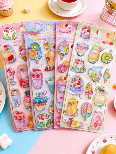 可爱3D闪光甜点贴纸 - 冰淇淋和饮料装饰贴纸，带亮片，适用于日记本、计划本、手机装饰和DIY手工制作