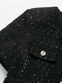 Áo khoác nữ tay ngắn cổ tròn, cài một hàng khuy, chất liệu tweed, màu đen, kiểu dáng thanh lịch, có thắt lưng, thích hợp cho mùa hè. - màu đen - Xem 3