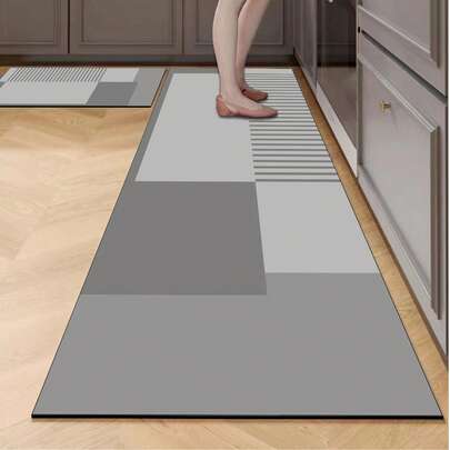 1개 실리카겔 주방 매트, 겹겹이 쌓인 회색 블록과 평행 줄무늬 모던 미니멀리스트 디자인, 고급스럽고 세련된, 표면 원단, 중간 스펀지 흡수성 소재, 청소하기 쉬운 바닥 고무 소재로 된 쿠션 및 피로 방지 주방 카펫
