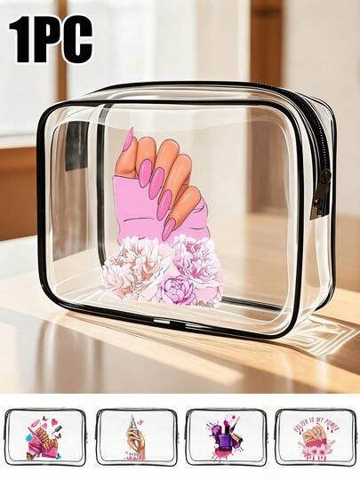 1个大容量PVC旅行收纳包，带拉链封口，印有美甲主题图案，轻便不易褪色，大容量链条旅行洗漱包，化妆品收纳包，洗漱包，桌面收纳包，易擦拭清洁设计，适用于旅行、浴室、宿舍等场所，可作收纳包，情人节礼物，适合美甲爱好者，美甲用品收纳袋，美甲沙龙必备。