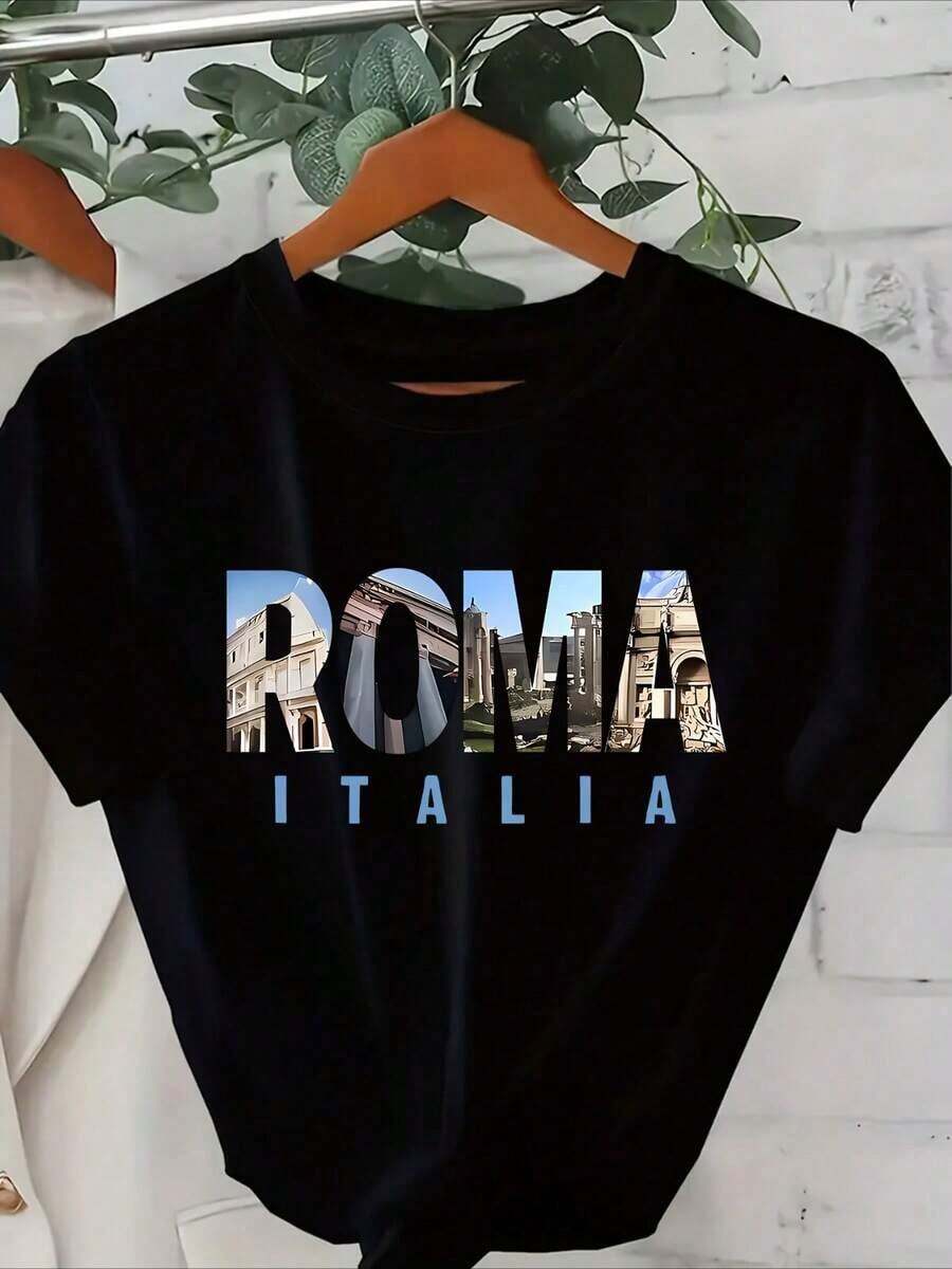 Camiseta gráfica casual para mujer de Roma Italia, 100% poliéster, cuello redondo, manga corta, top de tejido de punto para primavera/verano con un ligero estiramiento, corte regular - Negro - Negro - Ver 1