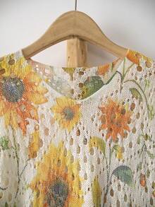 Áo len nữ cổ chữ V in họa tiết khoét lỗ dáng rộng, áo len tay ngắn mùa hè, áo kiểu casual sành điệu cho kỳ nghỉ - Nhiều màu - Xem 3