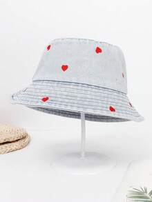 1pc Sweet Red Heart Embroidery Denim Bucket Hat – Casual Y2K Style Summer Sun Cap For Daily Outfits - 1PC - View 7
