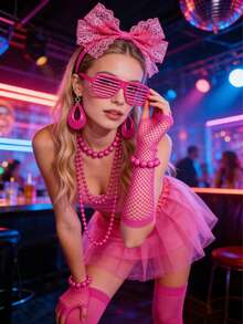 Bộ trang phục nữ phong cách retro thập niên 80 bao gồm váy tutu, quần legging neon dự tiệc, vòng cổ neon, khuyên tai, băng đô, găng tay lưới, thích hợp cho Ngày Valentine, dạ hội, Halloween và các dịp khác. - nhiều màu - Xem 3