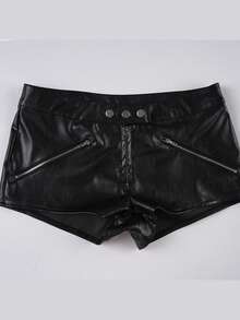 Pantalones cortos de cuero de estilo street con cremallera decorativa - Negro - Ver 6