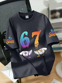 Boys' Melting Number "67" Graphic Round Neck Short Sleeve T-Shirt, New Spring/Summer Boys Clothing - Dark Grey - View 1