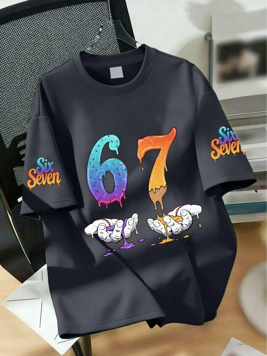 Boys' Melting Number "67" Graphic Round Neck Short Sleeve T-Shirt, New Spring/Summer Boys Clothing - Dark Grey - View 1