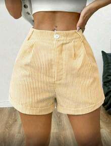 Women's Striped Shorts With Pocket, Button, And Zipper, Ideal For Everyday Wear. - 淺褐色的. - 查看 3