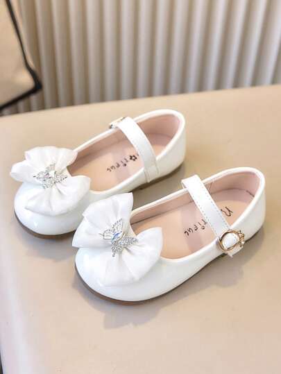 1 Pair Girls' Patent Leather Mary Jane Princess Shoes, Rhinestone Bowknot Soft Non-Slip Children's Dress Shoes, Sweet Style For 3-12 Years Old Students Performance
