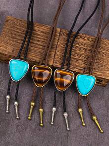 1pc Tiger Eye Stone Triangle Pendant Necklace Bolo Tie, Unique Stylish Western Cowboy Necktie Accessory, Versatile Matching - Multicolor - View 6