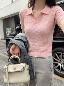Blusa de punto de cuello polo de unicolor con mangas cortas para mujer, con textura acanalada, cierre de botones, adecuada para el hogar, la playa y el uso diario en verano, color rosa - Rosa - Ver 1
