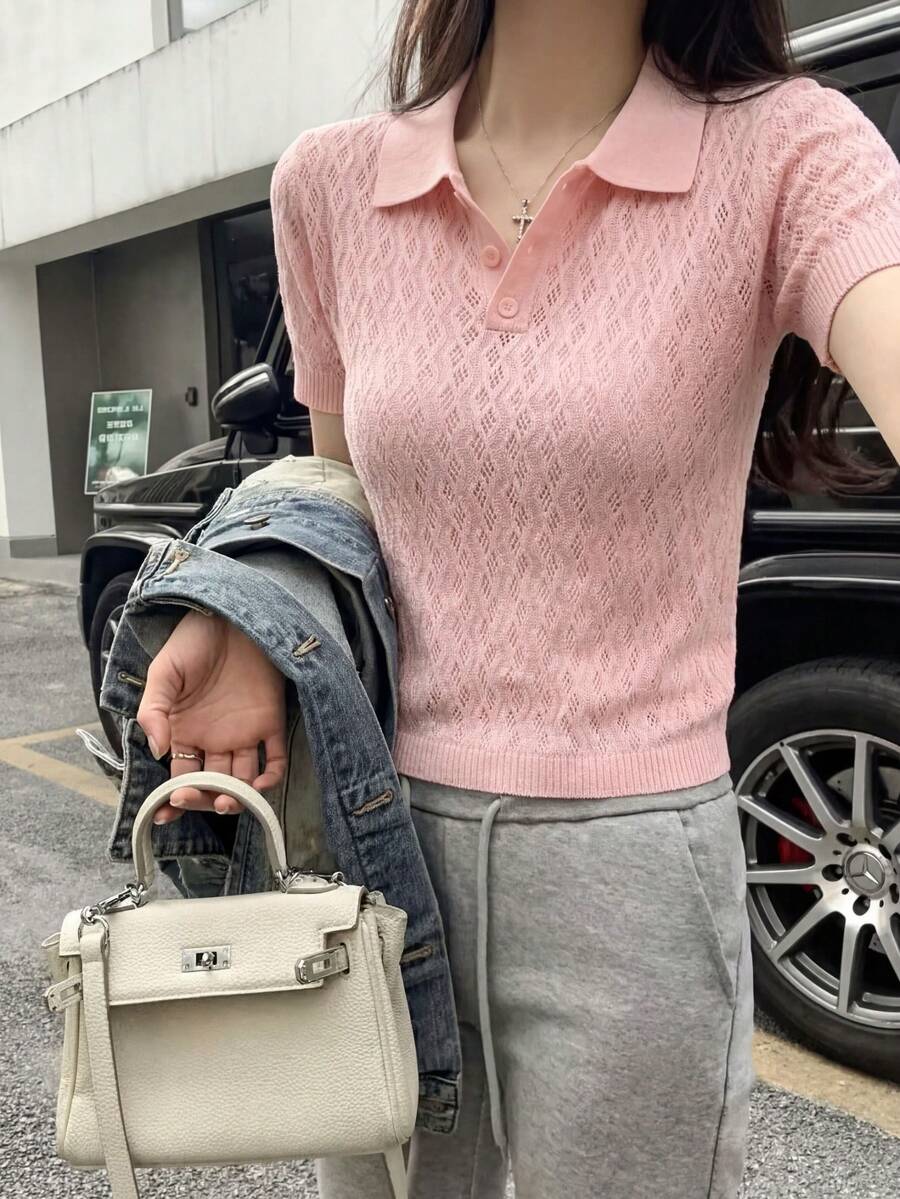 Blusa de punto de cuello polo de unicolor con mangas cortas para mujer, con textura acanalada, cierre de botones, adecuada para el hogar, la playa y el uso diario en verano, color rosa - Rosa - Ver 1