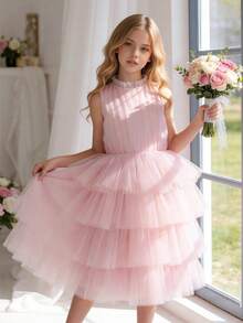 Tween Girl Sleeveless Tulle Princess Party Dress, Suitable For Birthday Party, Wedding Flower Girl, Formal Occasion, Holiday Dress - Pink - View 3