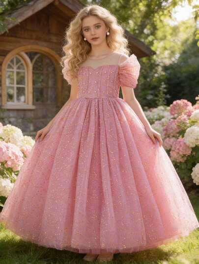 Tween Girls Elegant Bridesmaid Party Prom Dress, Fashion Sequin Mesh Birthday Ball Gown, Graduation Ceremony Hostess Dress, Faux Pearl Dress