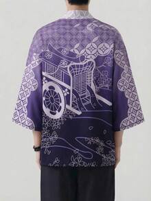 Elegant Purple Geometric Pattern 7/8 Sleeve Robe, Traditional Design Loose Fit Sunscreen Jacket, Unisex Casual Kimono Cardigan - Purple - View 2