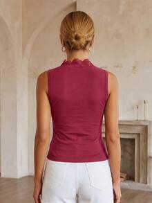 Camisetas sin mangas de verano para mujer, modernas, con encaje patchwork, escote en V profundo y corte ajustado. - Rojo - Ver 5