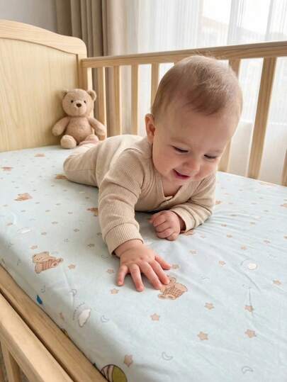 1 pieza Sábana ajustada para cuna suave y cómoda con estampado de oso de peluche (120 x 60 cm)