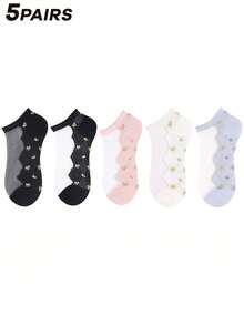 5 双女士多色什锦袜子，透明玻璃纤维，花卉底，轻质，透气针织面料，短袜，适合居家、通勤、派对、约会、节日礼物 - 彩色 - 查看 11