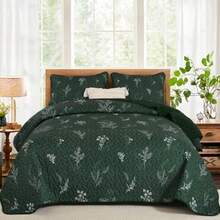 Green Queen Size Quilt Set Branch Bedspread Coverlet Set Olive Green Botanical Floral Pattern Quilted Bedding Set 3 Piece Soft Lightweight Microfiber Bed Cover for All Season 96''x90'' - Verde Oliva - Ver 8