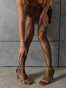 1 Pair Plus Size French Brown Lace Floral Fishnet Shiny Pantyhose, Sexy Parisian Fashion Style For Women, Suitable For Daily Wear, Party, Date, And Commute - Multicolor - View 3