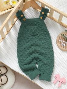 1pc Spring/Autumn New Baby Infant Sleeveless Romper, Baby Girl Flutter Sleeve Solid Color Jumpsuit, Comfortable Soft Baby Boy Front Pocket Outfit, Versatile Newborn Romper Crawl Suit, White Long Sleeve Inner Layer Not Included - Green - View 3