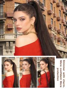 24-Inch Long Straight Synthetic Hair Ponytail, Vacation-Inspired Women's Summer Hairstyle, Gold Tone Hair Claw Clip - Black Brown - View 5