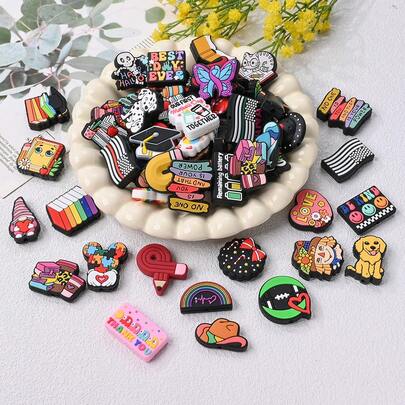 10pcs Mixed Cartoon Silicone Beads, Soft Flat Beads In American Styles, Featuring Dog, Cat, Butterfly, Hat, Pencil, Inspirational, Heart, Book Patterns, Can Be Used For DIY Fridge Magnets, Luggage Stickers, Handmade Bracelets, Necklaces, Bag Charms And Other Craft Projects