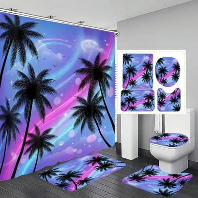 1pc/4pcs Tropical Island Palm Tree Pattern Multifunctional Bathroom Decor Shower Curtain Set, Free 12 Hooks Included, Elegant Holiday Atmosphere, Bathroom Mat, U-Shaped Toilet Mat And Round Toilet Mat, Suitable For All Scenarios Bathroom Set