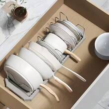 1 Set Adjustable & Expandable Kitchen Organizer Rack - White Metal Pot Lid Holder, Extendable Utensil Drying Rack, For Storing Plates, Bowls & Cookware, Space-Saving Design, Non-Slip Feet, Easy Tool-Free Installation, Multi-Functional Kitchen Storage Solution, Ideal For Small Kitchens & Apartments - Multicolor - View 4