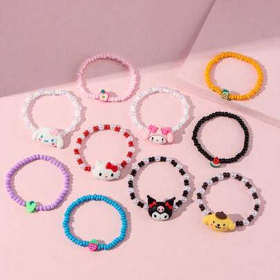 SANRIO 2件装女孩可爱小猫小狗树脂玻璃珠手链，适合节日派对、学校活动、生日礼物