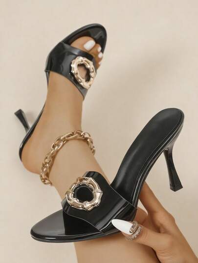 Women's Strappy Metal Beaded Peep Toe High Heel Shoes, Black, Elegant Party/Clubwear Pumps, Commuter High Heels