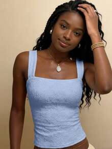 Women's Sexy Fitted Knit Square Neck Top, White Knit Jacquard Textured Fabric Tank Top, Fitted Regular Summer Women's Solid Color Tank Top Casual - Dusty Blue - View 3