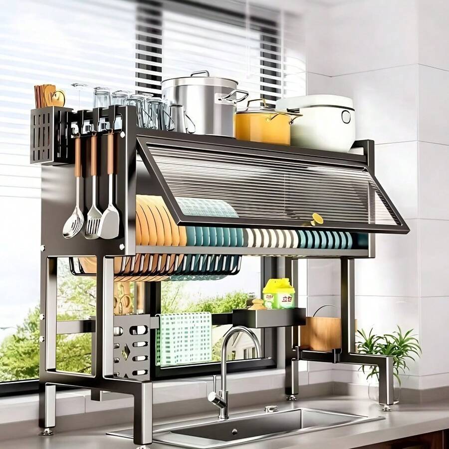 1pc Kitchen Sink Dish Rack, Countertop Dish Drainer, Lightweight And Easy To Install, Space-Saving, Multi-Function Dust-Proof Dish Rack With Door, Suitable For Dish Storage And Draining