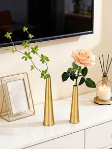 1 Set Luxury Gold Single Flower Vase, 2pcs Metal Slim Neck Vases, Suitable For Bedroom, Living Room And Dining Table Decor, Brushed Gold Tone, Compatible With Modern And Farmhouse Styles, Great For Roses, Greenery Or Dried Flowers, Compact Size Fits On Small Shelves And Countertops - 1PC - View 6