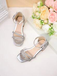 Giày sandal cao gót đính đá lấp lánh màu bạc cho bé gái, kiểu mũi vuông, có khóa dán, giày công chúa cho trẻ em. - Bạc - Xem 2