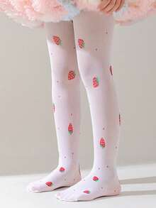 1pc Girls' Thin Mesh Strawberry White Pantyhose, Suitable For Toddler, Little & Big Kids, Summer - White - View 1