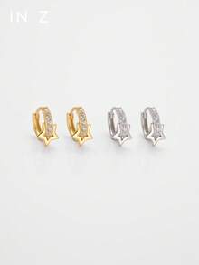IN Z 1pc Elegant 925 Sterling Silver Hollow Five-Pointed Star Cubic Zirconia Hoop Earrings, Minimalist Design Suitable For Girls And Women For Daily Wear And Parties - Multicolor - View 5
