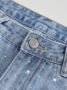 Women's Rhinestone Embellished Washed Straight Leg Denim Shorts - Light Wash - View 5