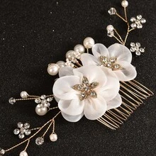1pc Handmade Ceramic Flower & Leaf Faux Pearl Beaded Elegant Hair Comb, Suitable For Wedding, Daily Wear, Vacation - Gold - View 2